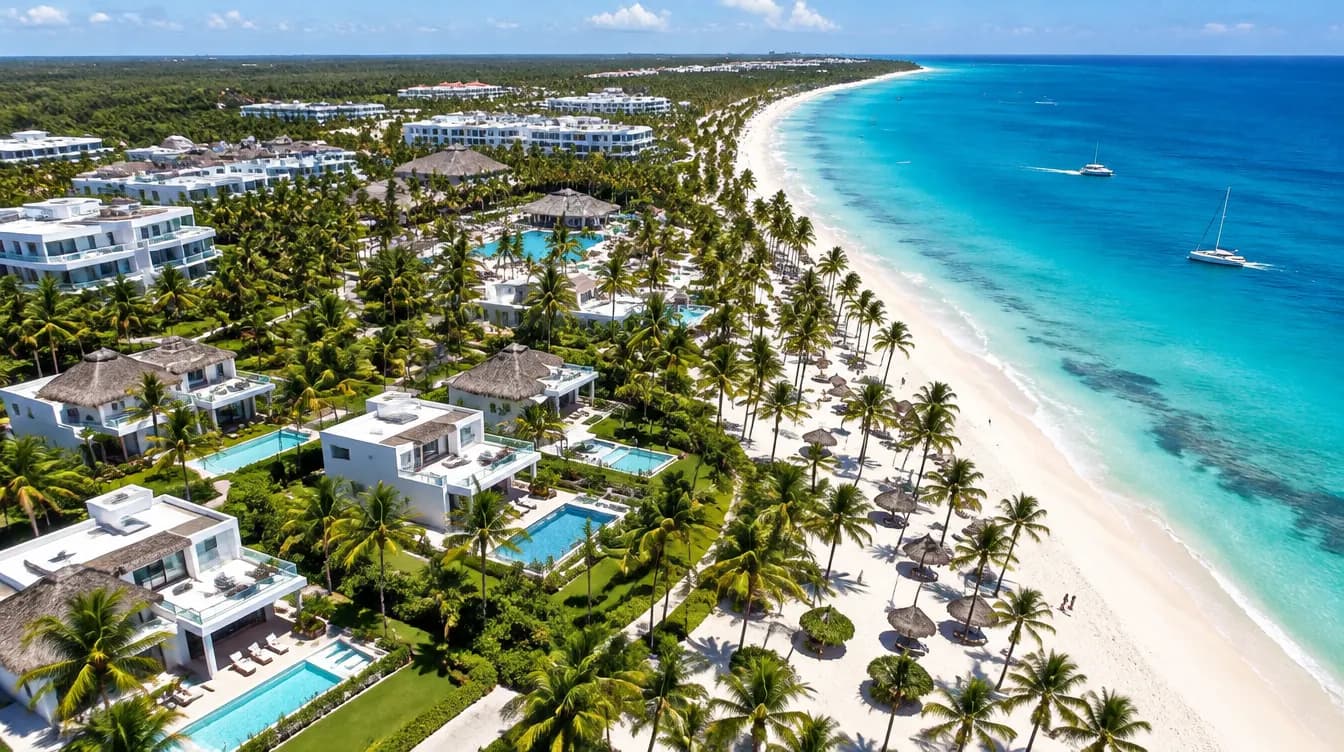 Ilustración: vista aérea de la costa de Punta Cana con resorts, villas y playa